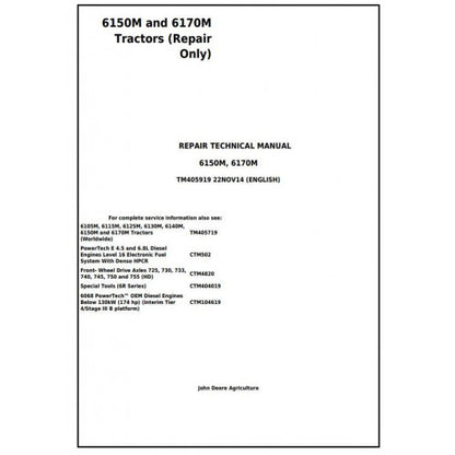 TM405919 John Deere 6150M and 6170M Tractor Pdf Repair Service Technical Manual