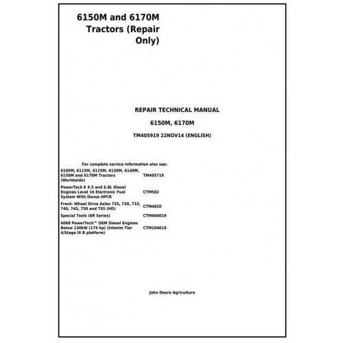 TM405919 John Deere 6150M and 6170M Tractor Pdf Repair Service Technical Manual
