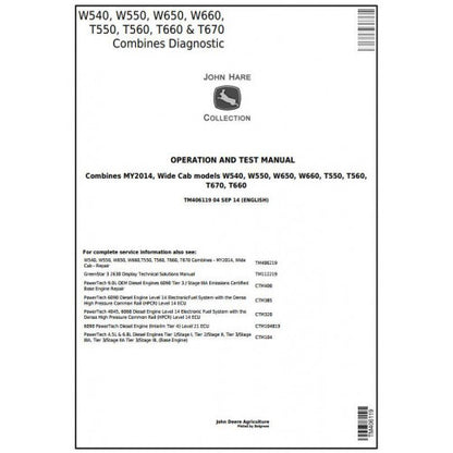 TM406119 John Deere W540, W550, W650, W660, T550, T560, T660, T670 Combines Pdf Operation and Tests Manual