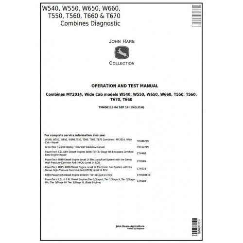TM406119 John Deere W540, W550, W650, W660, T550, T560, T660, T670 Combines Pdf Operation and Tests Manual