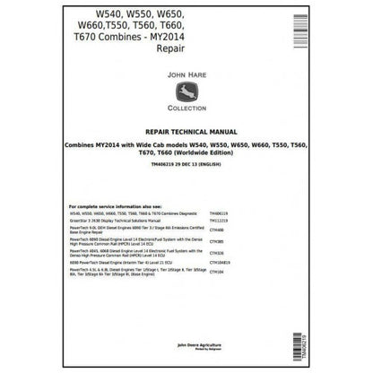 TM406219 John Deere W540, W550, W650, W660,T550, T560, T660, T670 Combines Pdf Technical Service Manual