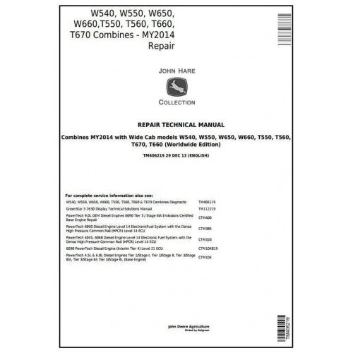 TM406219 John Deere W540, W550, W650, W660,T550, T560, T660, T670 Combines Pdf Technical Service Manual