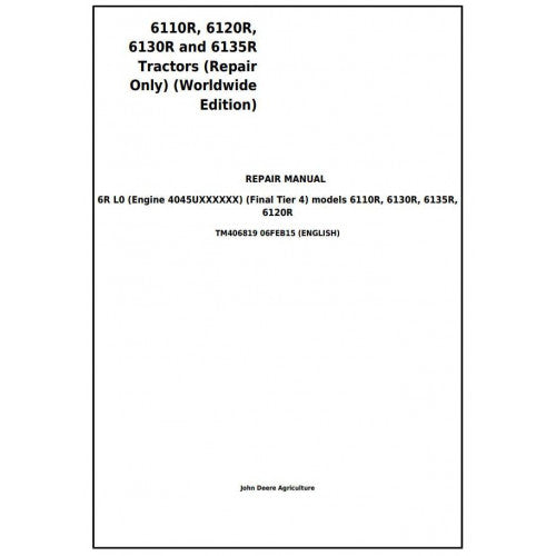 TM406819 John Deere 6110R, 6120R, 6130R and 6135R Tractor Pdf Repair Service Technical Manual