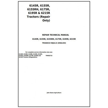 TM406919 John Deere 6145R, 6155R, 6155RH, 6175R, 6195R, 6215R Tractor Pdf Repair Service Technical Manual