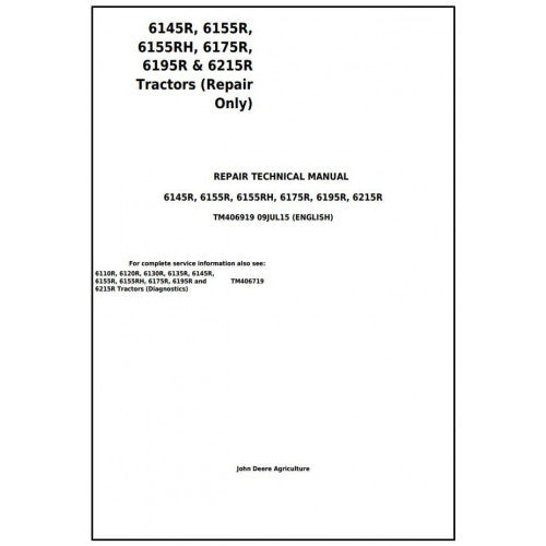 TM406919 John Deere 6145R, 6155R, 6155RH, 6175R, 6195R, 6215R Tractor Pdf Repair Service Technical Manual