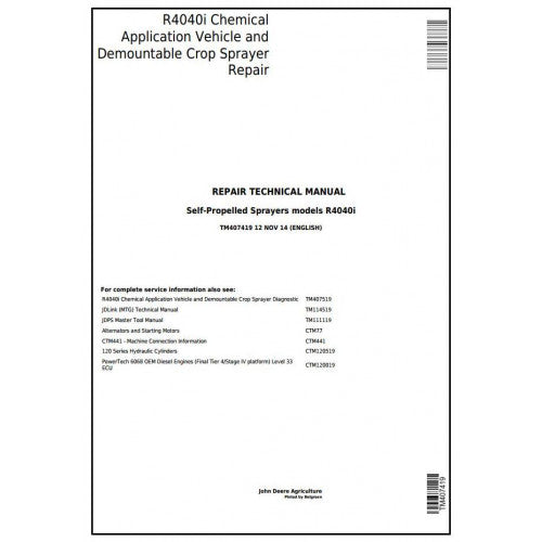 TM407419 John Deere R4040i Demountable Self-Propelled Crop Sprayer Pdf Technical Service Manual