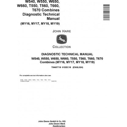 TM407719 John Deere W540, W550, W650, W660, T550, T560, T660, T670 Combines Pdf Diagnostic Technical Manual