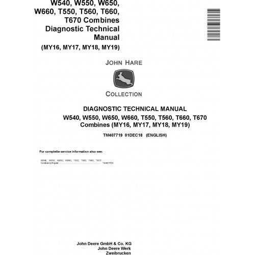 TM407719 John Deere W540, W550, W650, W660, T550, T560, T660, T670 Combines Pdf Diagnostic Technical Manual