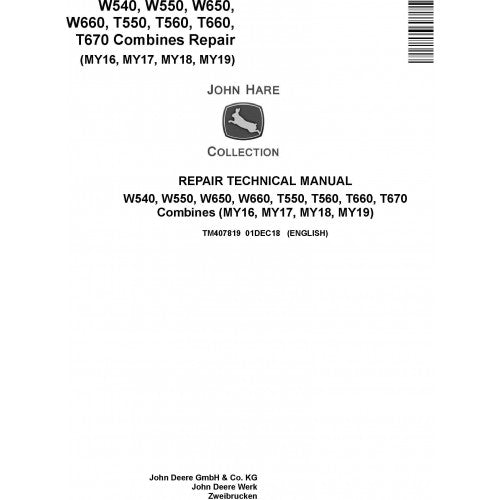 TM407819 John Deere W540, W550, W650, W660, T550, T560, T660, T670 Combine Pdf Technical Service Manual