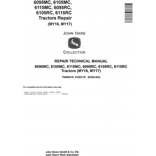 TM409419 John Deere 6095MC,6105MC, 6115MC, 6095RC, 6105RC, 6115RC Tractor Pdf Repair Service Technical Manual