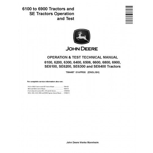 TM4487 John Deere 6100, 6100SE, 6200, 6200SE, 6300, 6300SE, 6400, 6400SE, 6506, 6600, 6800 and 6900 Tractors Pdf Operation and Tests Manual