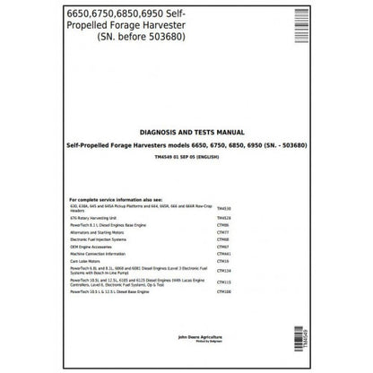 TM4549 John Deere 6650, 6750, 6850, 6950 Self-Propelled Forage Harvester Pdf Diagnosis and Tests Service Manual