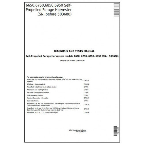 TM4549 John Deere 6650, 6750, 6850, 6950 Self-Propelled Forage Harvester Pdf Diagnosis and Tests Service Manual