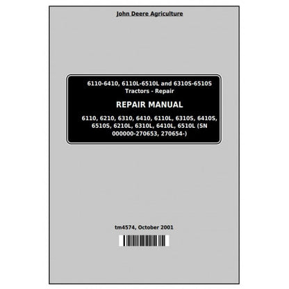 TM4574 John Deere 6110, 6110L, 6210, 6310, 6310L, 6310S, 6410L, 6410S, 6510L, 6510S Tractor Pdf Repair Service Technical Manual