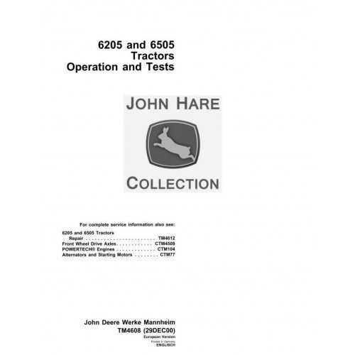 TM4608 John Deere 6205, 6605 Tractor Pdf Operation and Tests Manual
