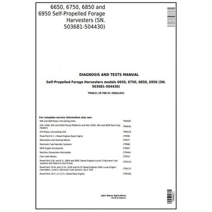 TM4621 John Deere 6650, 6750, 6850, 6950 Forage Harvesters (SN.503681-504430) Pdf Diagnosis and Tests Service Manual