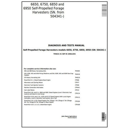 TM4631 John Deere 6650, 6750, 6850, 6950 Self-Propelled Forage Harvester Pdf Diagnosis and Tests Service Manual