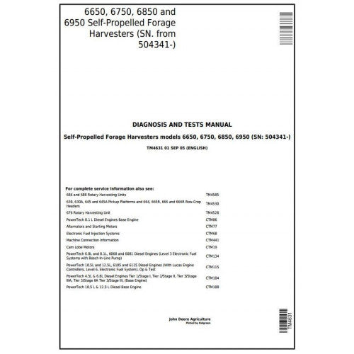 TM4631 John Deere 6650, 6750, 6850, 6950 Self-Propelled Forage Harvester Pdf Diagnosis and Tests Service Manual