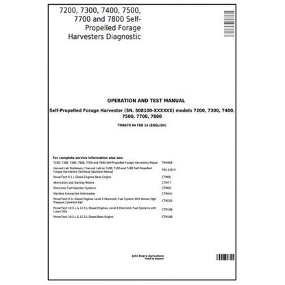 TM4670 John Deere 7200, 7300, 7400, 7500, 7700, 7800 Self-Propelled Forage Harvesters Pdf Operation and Tests Manual