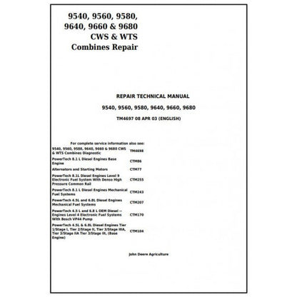 TM4697 John Deere 9540, 9560, 9580, 9640, 9660, 9680 CWS/WTS Combine Pdf Technical Service Manual
