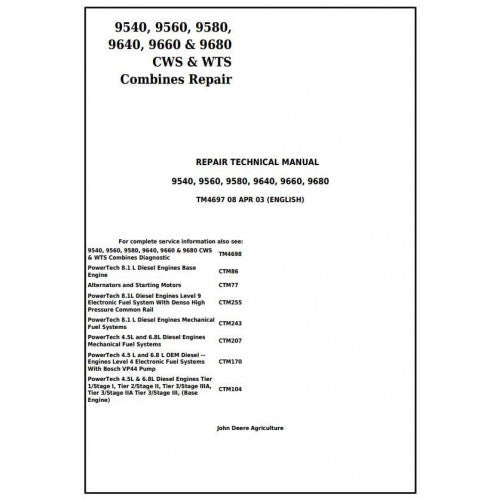 TM4697 John Deere 9540, 9560, 9580, 9640, 9660, 9680 CWS/WTS Combine Pdf Technical Service Manual