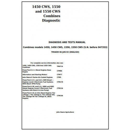 TM4699 John Deere 1450, 1450CWS, 1550, 1550CWS Combines Pdf Diagnosis and Tests Service Manual