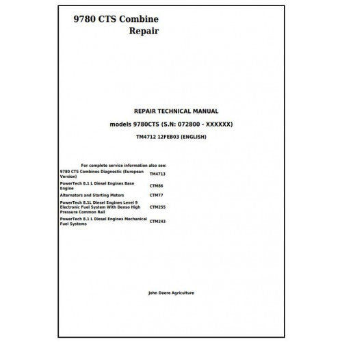 TM4712 John Deere 9780 CTS Combine (SN. from 072800) Pdf Technical Service Manual