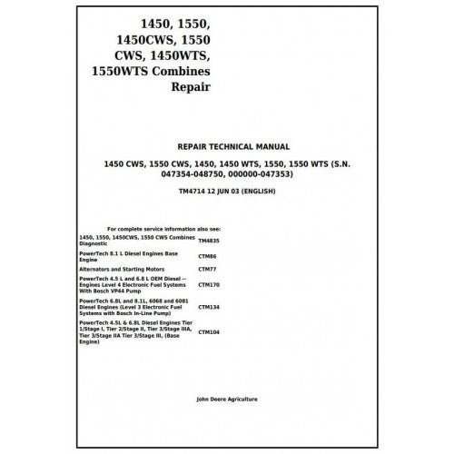 TM4714 John Deere 1450, 1550, 1450CWS, 1550CWS, 1450WTS, 1550WTS Combines Pdf Technical Service Manual