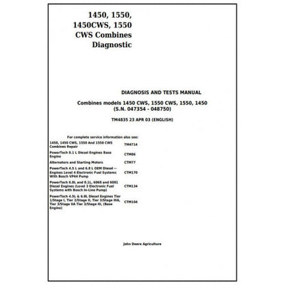 TM4835 John Deere 1450, 1550, 1450CWS, 1550CWS Combine Pdf Diagnosis and Tests Service Manual
