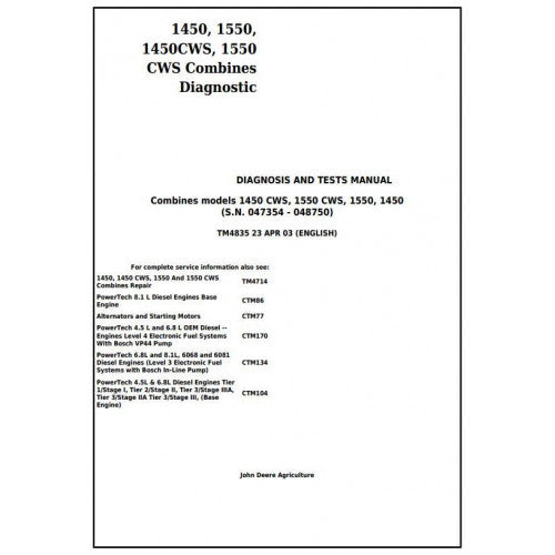 TM4835 John Deere 1450, 1550, 1450CWS, 1550CWS Combine Pdf Diagnosis and Tests Service Manual
