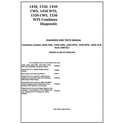 TM4904 John Deere 1450, 1550, 1450CWS, 1450WTS, 1550CWS, 1550WTS Combines Pdf Diagnosis and Tests Service Manual
