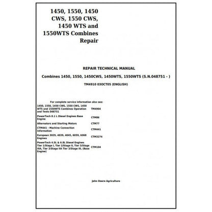 TM4910 John Deere 1450, 1550, 1450CWS, 1550CWS, 1450WTS and 1550WTS Combines Pdf Technical Service Manual