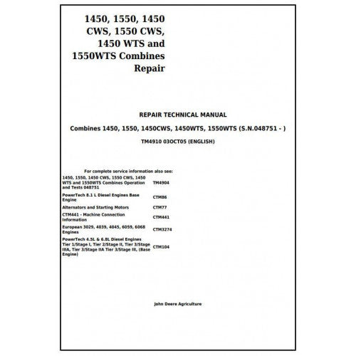 TM4910 John Deere 1450, 1550, 1450CWS, 1550CWS, 1450WTS and 1550WTS Combines Pdf Technical Service Manual
