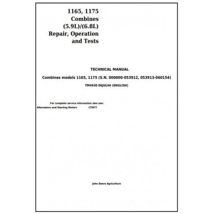 TM4930 John Deere 1165, 1175 Combines Pdf Technical Service Manual