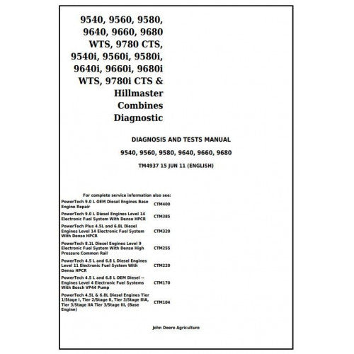 TM4937 John Deere 9540, 9560, 9580, 9640, 9660, 9680WTS, 9780CTS/i Combines Pdf Diagnosis and Tests Service Manual