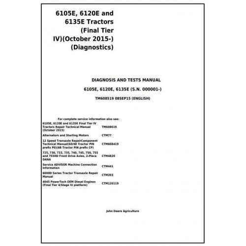 TM608519 John Deere 6105E, 6120E, 6135E Tractor Pdf Diagnosis and Tests Service Manual