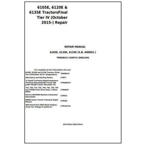 TM608619 John Deere 6105E, 6120E, 6135E Tractor Pdf Repair Service Technical Manual