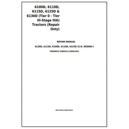 TM608819 John Deere 6100D, 6110D, 6115D, 6125D & 6130D Tractor Pdf Repair Service Technical Manual