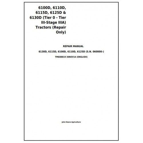 TM608819 John Deere 6100D, 6110D, 6115D, 6125D & 6130D Tractor Pdf Repair Service Technical Manual