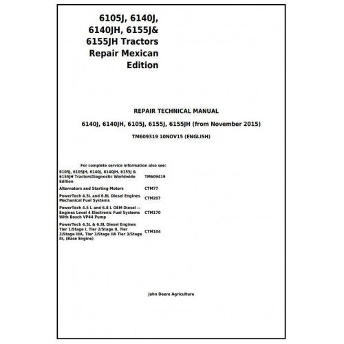 TM609319 John Deere 6105J, 6140J, 6140JH, 6155J, 6155JH Tractor Pdf Repair Service Technical Manual