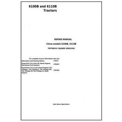 TM700019 John Deere 6100B and 6110B Tractor Pdf Repair Service Technical Manual