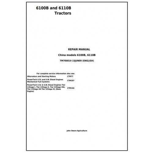 TM700019 John Deere 6100B and 6110B Tractor Pdf Repair Service Technical Manual