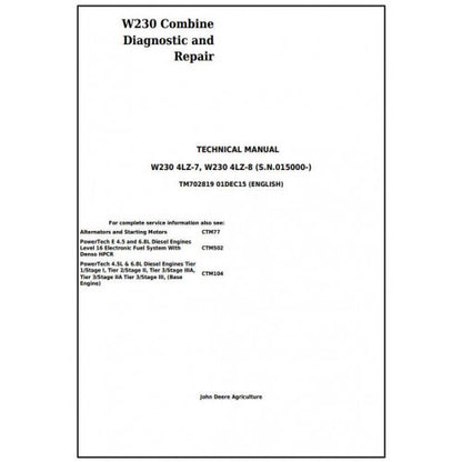 TM702819 John Deere W230 Combine Pdf Technical Service Manual