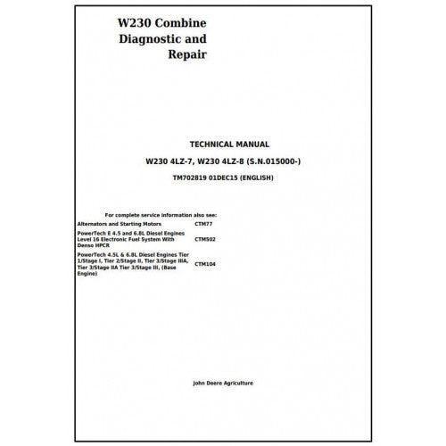 TM702819 John Deere W230 Combine Pdf Technical Service Manual