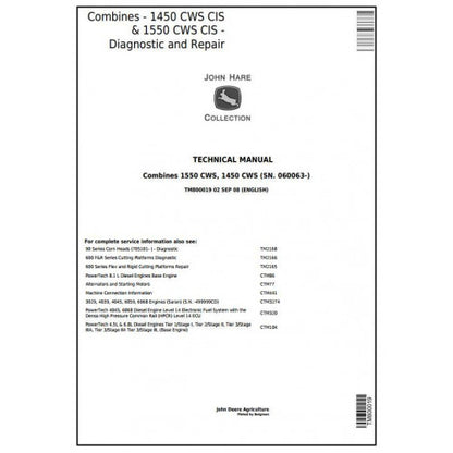 TM800019 John Deere 1450CWS, 1550CWS CIS Combines Pdf Technical Service Manual