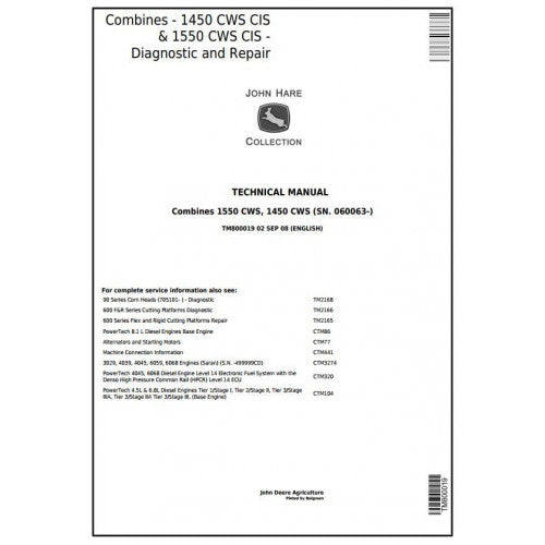 TM800019 John Deere 1450CWS, 1550CWS CIS Combines Pdf Technical Service Manual