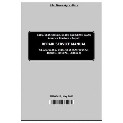 TM800419 John Deere 6415, 6615, 6110E, 6125E Tractor Pdf Repair Service Technical Manual