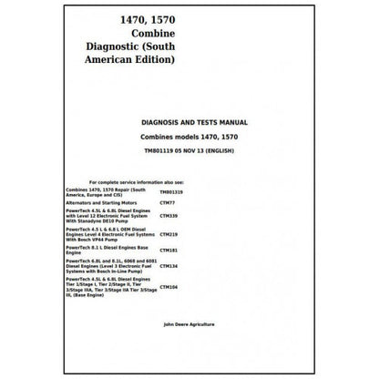 TM801119 John Deere 1470, 1570 Combine Pdf Diagnosis and Tests Service Manual