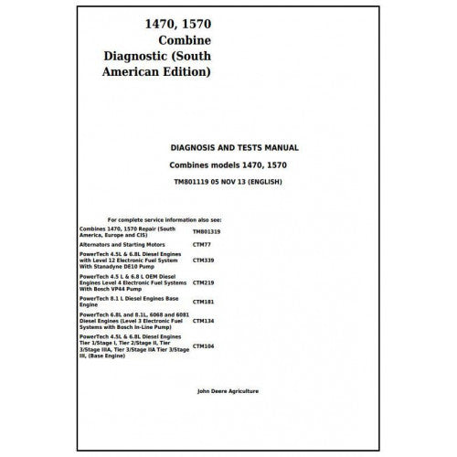 TM801119 John Deere 1470, 1570 Combine Pdf Diagnosis and Tests Service Manual