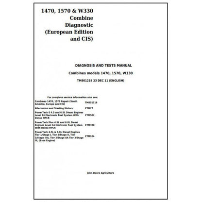 TM801219 John Deere 1470, 1570, W330 Combines Pdf Diagnosis and Tests Service Manual